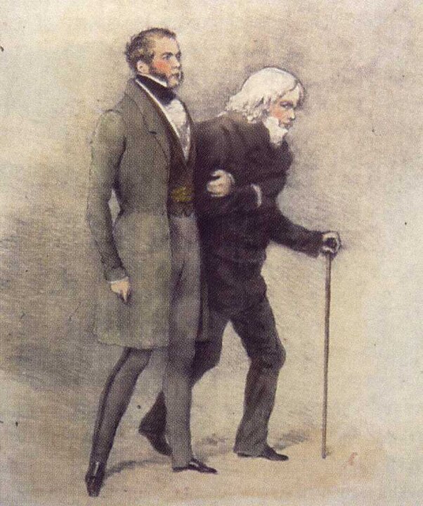 A sánta vezeti a vakot; korabeli angol ellenzéki karikatúra Palmerston külügyminiszterről és Talleyrand-ról. A kép által sugalltakkal szemben Palmerston ellenséges magatartást tanúsított Talleyrand iránt. A sánta vezeti a vakot; korabeli angol ellenzéki karikatúra Palmerston külügyminiszterről és Talleyrand-ról. A kép által sugalltakkal szemben Palmerston ellenséges magatartást tanúsított Talleyrand iránt.