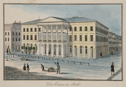 A_Nemzeti_Casino_épülete_Reim Johann Vincenz Reim: A Nemzeti Casino épülete Széchenyi korában, kézzel színezett rézmetszet