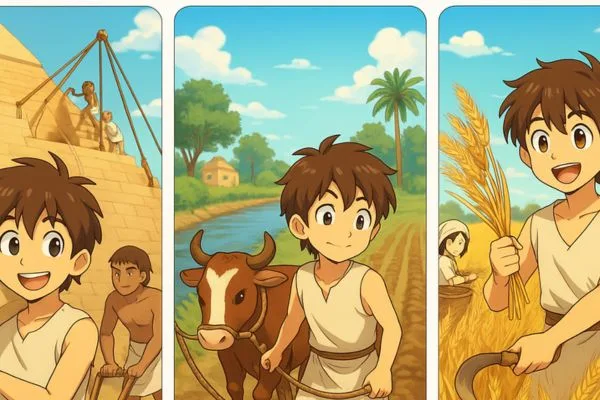 Triptichon jellegű anime stílusú illusztráció: piramisépítés, szántás és aratás az ókori Egyiptomban – egyiptom földrajza
