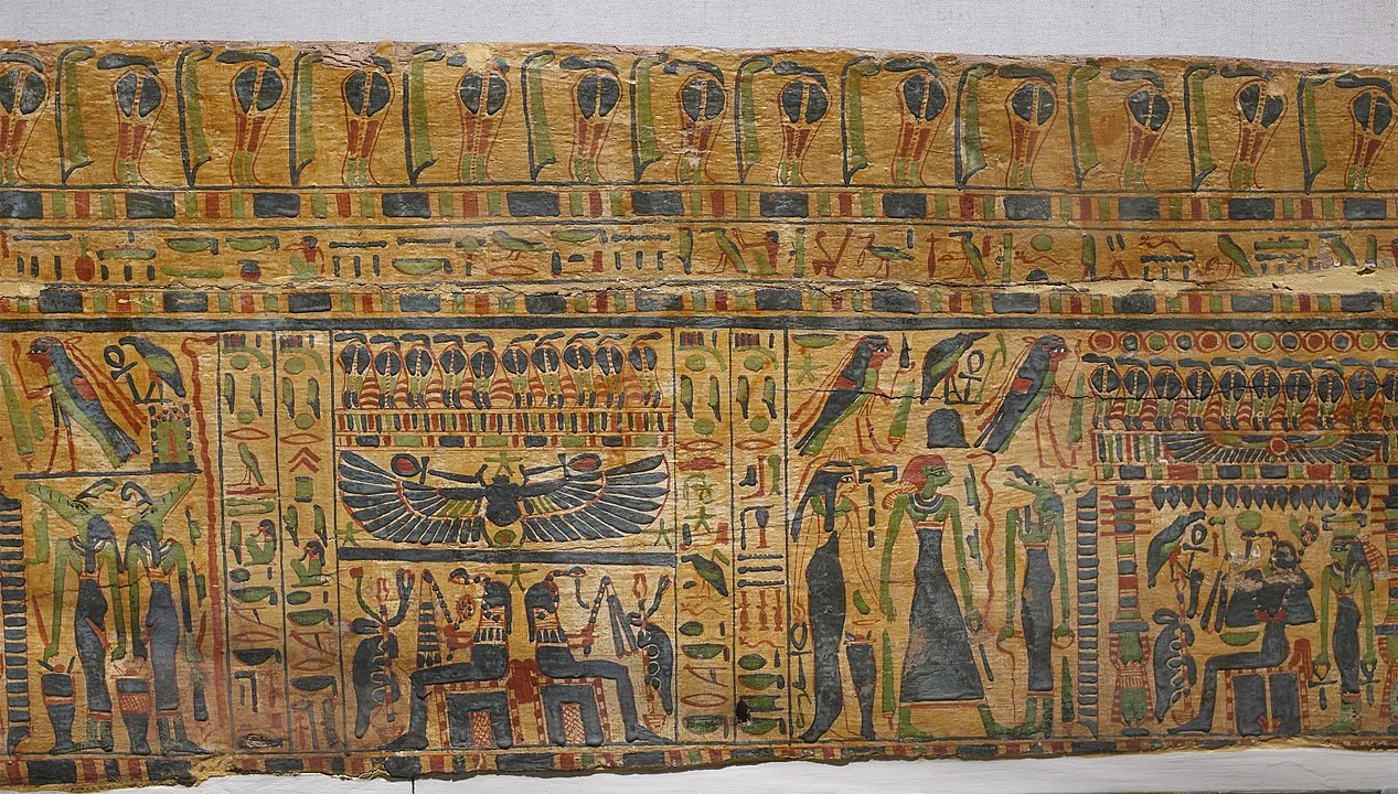 1267px-Egyptian_-_Coffin_Panel_with_Paintings_of_Funerary_Scenes_-_Walters_622_-_Detail_B Anime stílusú egyiptomi piramisok építése, munkások és fáraó korabeli háttérrel.