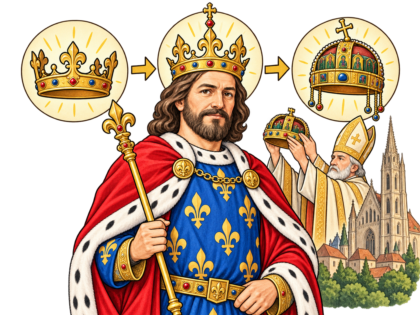 I. Károly három koronázását bemutató oktatási illusztráció
