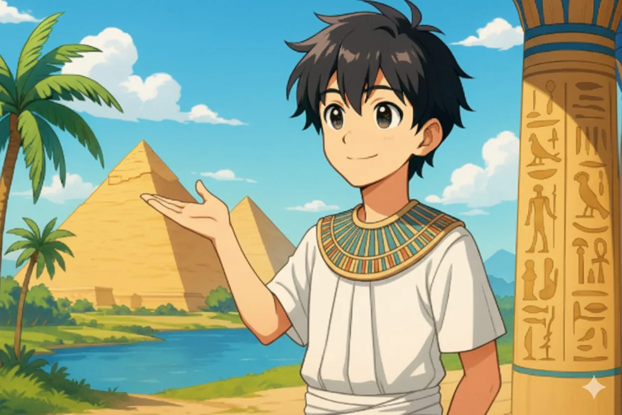 Anime stílusú egyiptomi fiú hagyományos ruhában az egyiptomi piramisok előtt