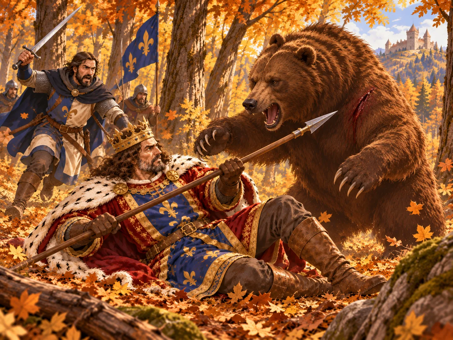 Ludwig I. verteidigt sich mit einem Jagdspieß gegen einen Bären, während János Besenyő ihm zu Hilfe eilt