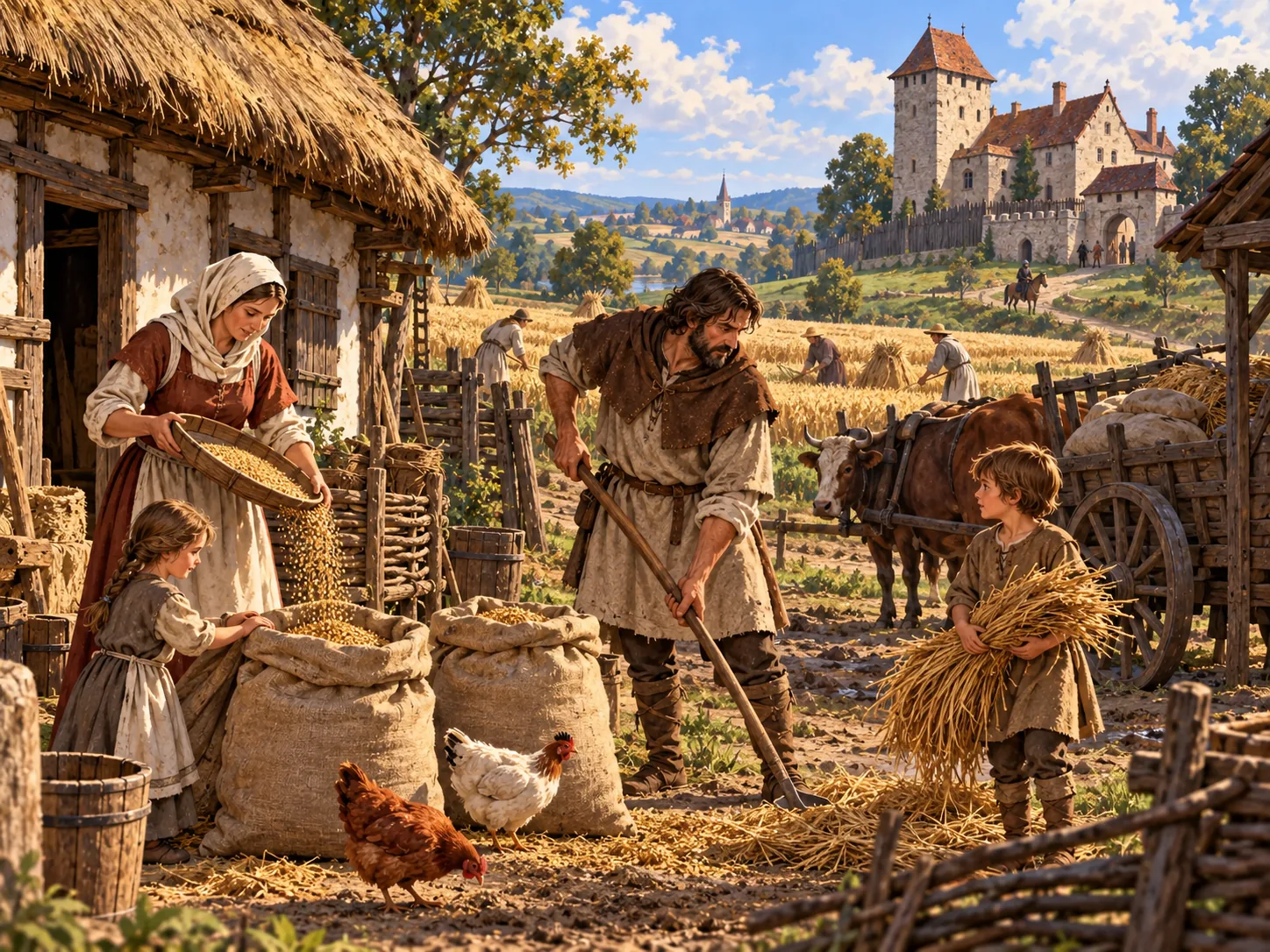 Mittelalterliche Bauernfamilie bei der Getreideernte
