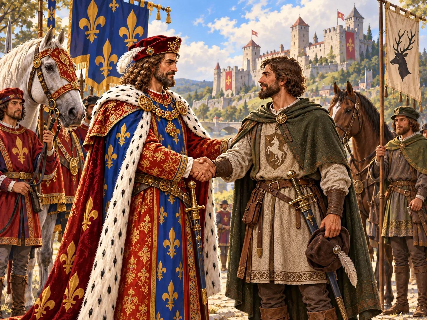 Ein mächtiger Baron und ein weniger begüterter Adeliger treffen sich in einem mittelalterlichen Burghof