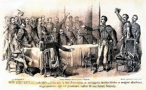 Lithografie von Vinzenz Katzler, die Széchenyis Angebot auf dem Landtag von 1825 darstellt.