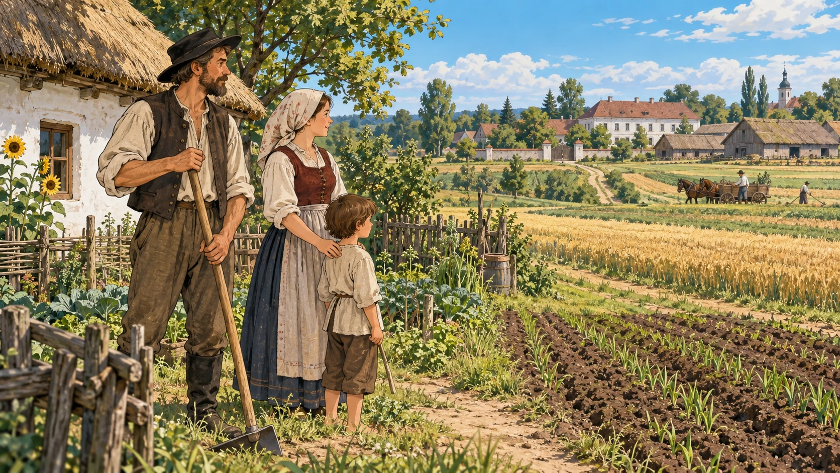 Széchenyi und Kossuth – wichtige Begriffe 2 Eine grundherrlich abhängige Bauernfamilie der Reformzeit neben ihrem Haus und dem bewirtschafteten Land